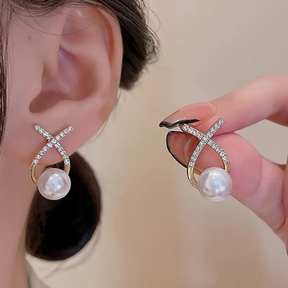 Gold Rhinestone Pearl Earrings - Picture 6 of 6